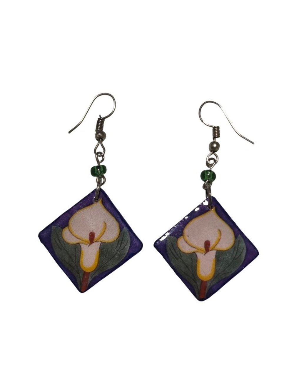 Handmade Earrings Purple Floral Calla Lily Lightweight Resin Bead Accents Dangle